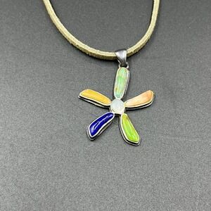 Southwestern Sterling Silver 925 Multi Gemstone Flower Pendant On Leather Cord